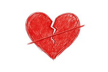 Broken red heart with a stop sign marking the end of love, separation, divorce, grief, and emotional pain on transparent background