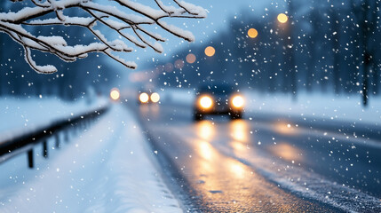 Winter road at dusk with a branch in the foreground and headlights of several cars in the background. Moody, atmospheric scene, twilight, cold season, soft light, blurred lights, outdoor landscape.