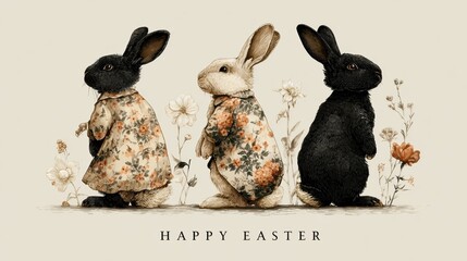 Cute Easter card illustration with three dressed rabbits and flowers on neutral background cozy mood