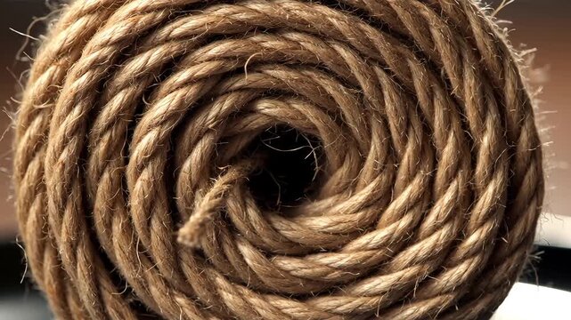 Natural brown jute rope coiled in a tight spiral macro shot with fibrous texture representing organic material for industrial packaging