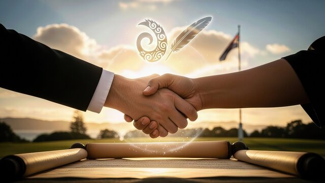 Waitangi Day commemoration. Treaty signing symbolized by two hands joining, fostering partnership, mutual respect. Māori heritage represented, forging united national future at sunrise.