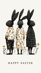 Cute Easter card illustration with three dressed rabbits and flowers on neutral background cozy mood
