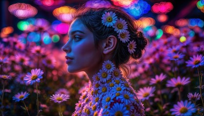 A woman stands among daisies with flowers in her hair. Colorful lights create a vibrant background during an evening event. She looks thoughtful and serene in this setting.
