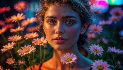 A woman stands among daisies with flowers in her hair. Colorful lights create a vibrant background during an evening event. She looks thoughtful and serene in this setting.