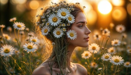 A young woman stands in a field filled with daisies, her hair adorned with blossoms. The warm sunset casts a golden hue, enhancing the tranquil scene of nature and beauty.