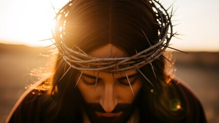 Man in crown of thorns against bright sunset. Jesus Christ concept for Easter, Good Friday, or religious worship.
