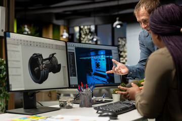 Team of skilled engineers creating Mars based virtual station using AI interface and turbine. Futuristic program processing data with machine learning and automation to optimize game design.