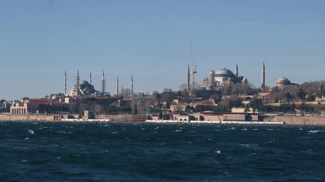 View of Topkapi Palace, Suleymaniye Mosque and Emin&ouml;n&uuml; from the sea in Istanbul.