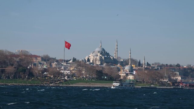 View of Topkapi Palace, Suleymaniye Mosque and Emin&ouml;n&uuml; from the sea in Istanbul.