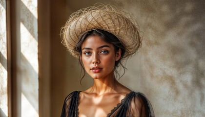 A woman stands in a softly lit room during the day. She wears a hat and looks directly at the viewer with a calm expression. The background shows warm tones and natural light.