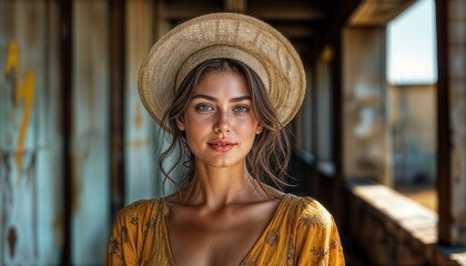 A woman stands in a softly lit room during the day. She wears a hat and looks directly at the viewer with a calm expression. The background shows warm tones and natural light.
