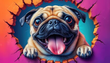A pug dog peers through a hole in a wall, showing a joyful face with its tongue out. The colorful background adds to the vibrant scene, highlighting the pug's excitement.