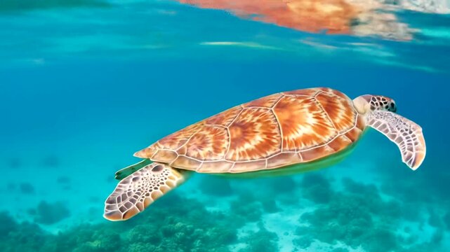 Sea Turtle Swimming Underwater in Tropical Ocean Environment.