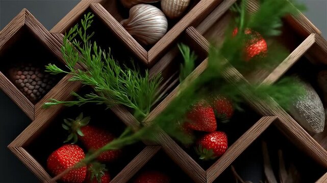 Fresh strawberries nestled in wooden compartments create a vibrant and artistic arrangement of nature's bounty