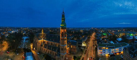 Aerial Panorama of Sint Agatha Church at Blue Hour, Lisse, The Netherlands, January 2026