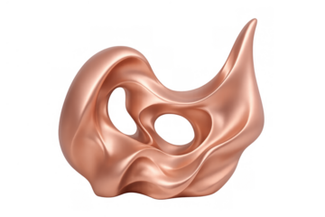 Abstract rose gold metallic liquid flowing sculpture with dynamic organic shape on transparent background