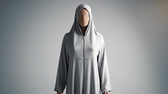 A digital sketch of a modest dress transforms into a realistic 3D model. This elegant grey garment features a hood and front zipper.