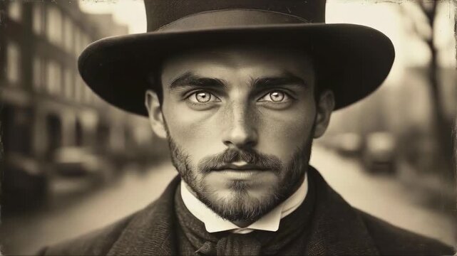 A man with a mustache wears a hat as he walks down a crowded street. People in old-fashioned dress surround him in a historic city scene. The time is early 20th century.