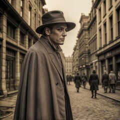A man with a mustache wears a hat as he walks down a crowded street. People in old-fashioned dress surround him in a historic city scene. The time is early 20th century.