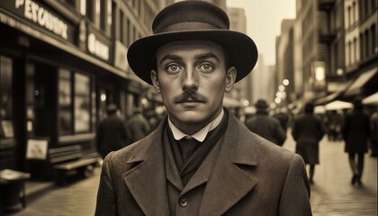 A man with a mustache wears a hat as he walks down a crowded street. People in old-fashioned dress surround him in a historic city scene. The time is early 20th century.