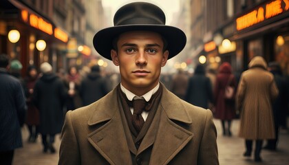 A man with a mustache wears a hat as he walks down a crowded street. People in old-fashioned dress surround him in a historic city scene. The time is early 20th century.
