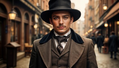 A man with a mustache wears a hat as he walks down a crowded street. People in old-fashioned dress surround him in a historic city scene. The time is early 20th century.