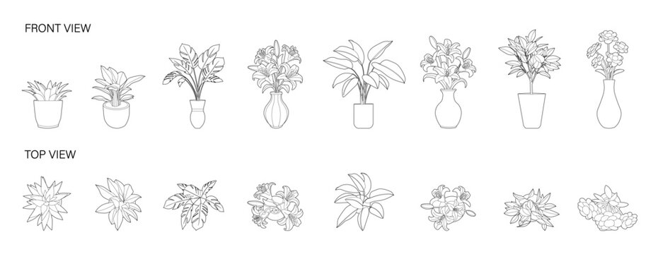 Set of plant pots for architectural and interior design projects, no background png