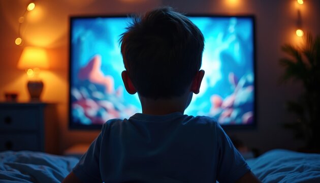 Child watches TV in dark room at night. Boy sits on bed, screen glows, fairy lights twinkle. Isolated kid engrossed in digital entertainment.
