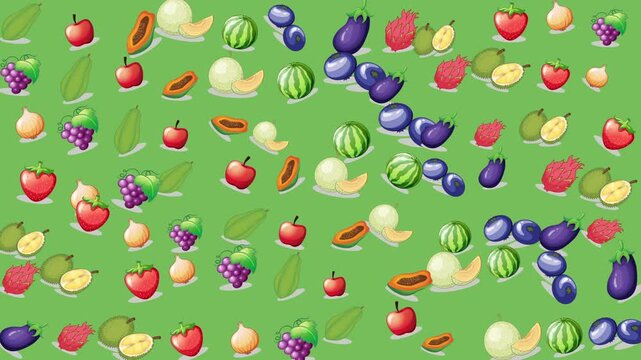 Fruit pattern on green background suitable for childrens products, packaging, and digital design projects for a fun aesthetic.