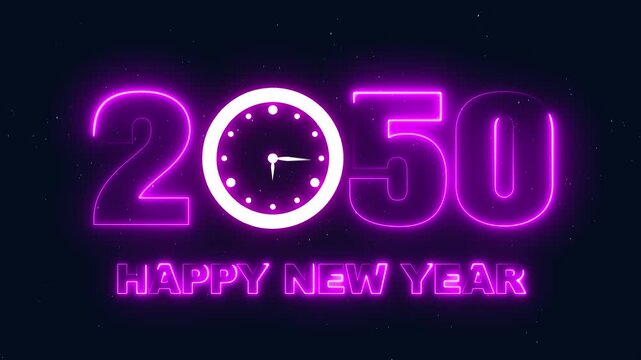 Futuristic Happy New Year 2050 neon sign with clock striking midnight