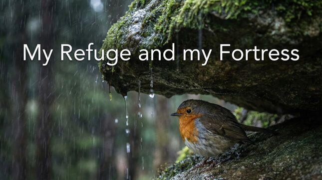 Bird seeking shelter with the phrase "My Refuge and my Fortress"  