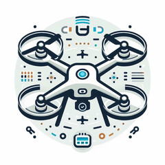 Fototapeta premium Drone illustration quadcopter design with rotors cameras and digital interface elements centered on white