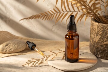Amber Glass Dropper Bottle in Earthy Tones, Organic Cosmetic Mockup on Textured Background, Beauty