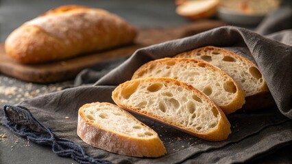 Freshly baked ciabatta bread slices on dark linen cloth. Food.