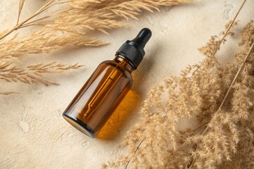 Amber Glass Dropper Bottle in Earthy Tones, Organic Cosmetic Mockup on Textured Background, Beauty