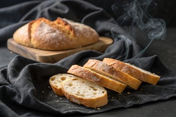 Freshly baked ciabatta bread slices on dark linen cloth. Food.