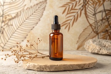 Amber Glass Dropper Bottle in Earthy Tones, Organic Cosmetic Mockup on Textured Background, Beauty