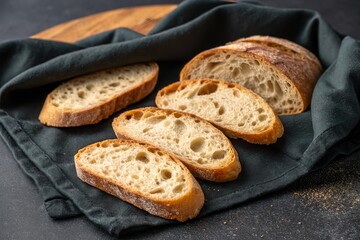 Freshly baked ciabatta bread slices on dark linen cloth. Food.
