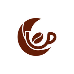 Brown coffee bean cup sits inside crescent moon shape, creating a unique and creative design. Suitable for coffee shop promotions or celestialthemed projects.