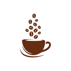 Obraz premium Brown coffee cup with scattered coffee beans floating above, ideal for coffee shop branding, menu design, and caffeinated product packaging.