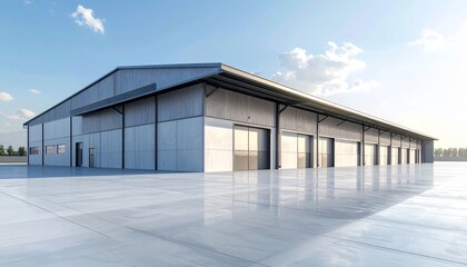 Obraz premium Exterior of a factory or warehouse in an industrial estate, showing walls and roof with copy space. Clean, modern industrial architecture with realistic metal and concrete textures.