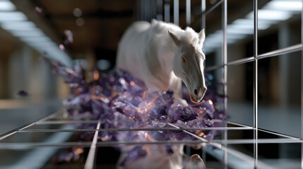 A digital art piece showcasing a white horse emerging through an explosion of purple crystals, symbolizing strength and transcendence in a modern artistic setting.