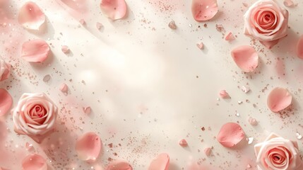 Elegant flatlay with pink roses and scattered petals creates luxurious Valentine's Day 2026 border. Perfect February romantic template for product photography, invitations, and celebration designs.