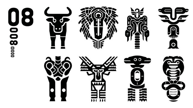 Set of 8 abstract tribal geometric animal icons. Stylized black and white vector totems for design and mythology concepts.