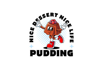 Retro groovy Pudding dessert with berries topping mascot. Funny retro cartoon Chocolate custard pudding with cherries character dancing pose for bakery and pastry merchandise. Vector Illustration