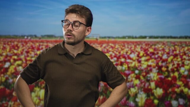 Man adjusting glasses with hand on hip in tulip field by a building wearing brown polo shirt; pensive reflection.