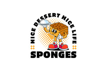 Retro groovy with Sponge cake dessert mascot. Funny retro cartoon Layered fluffy cake square character standing, holding tray and thumb up hand for cafes and culinary merchandise. Vector Illustration