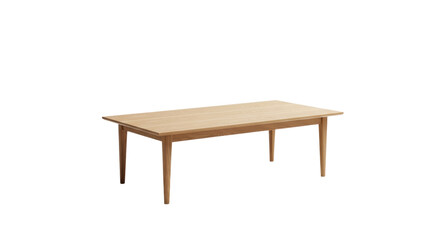 Fototapeta premium A subtly tapered light brown oak coffee table with a visible natural grain texture and smooth matte finish, isolated on a high-key white background. Concept of elegant minimalism