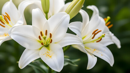 Obraz premium Beautiful white lilies with yellow stamens in full bloom