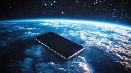 Smartphone in space above Earth and clouds 